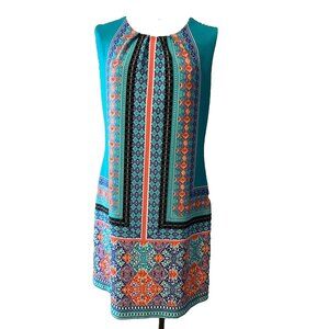 ILE Dress 12 Blue Coral White Washable Stretch Shift Side Zip Sleeveless Summer